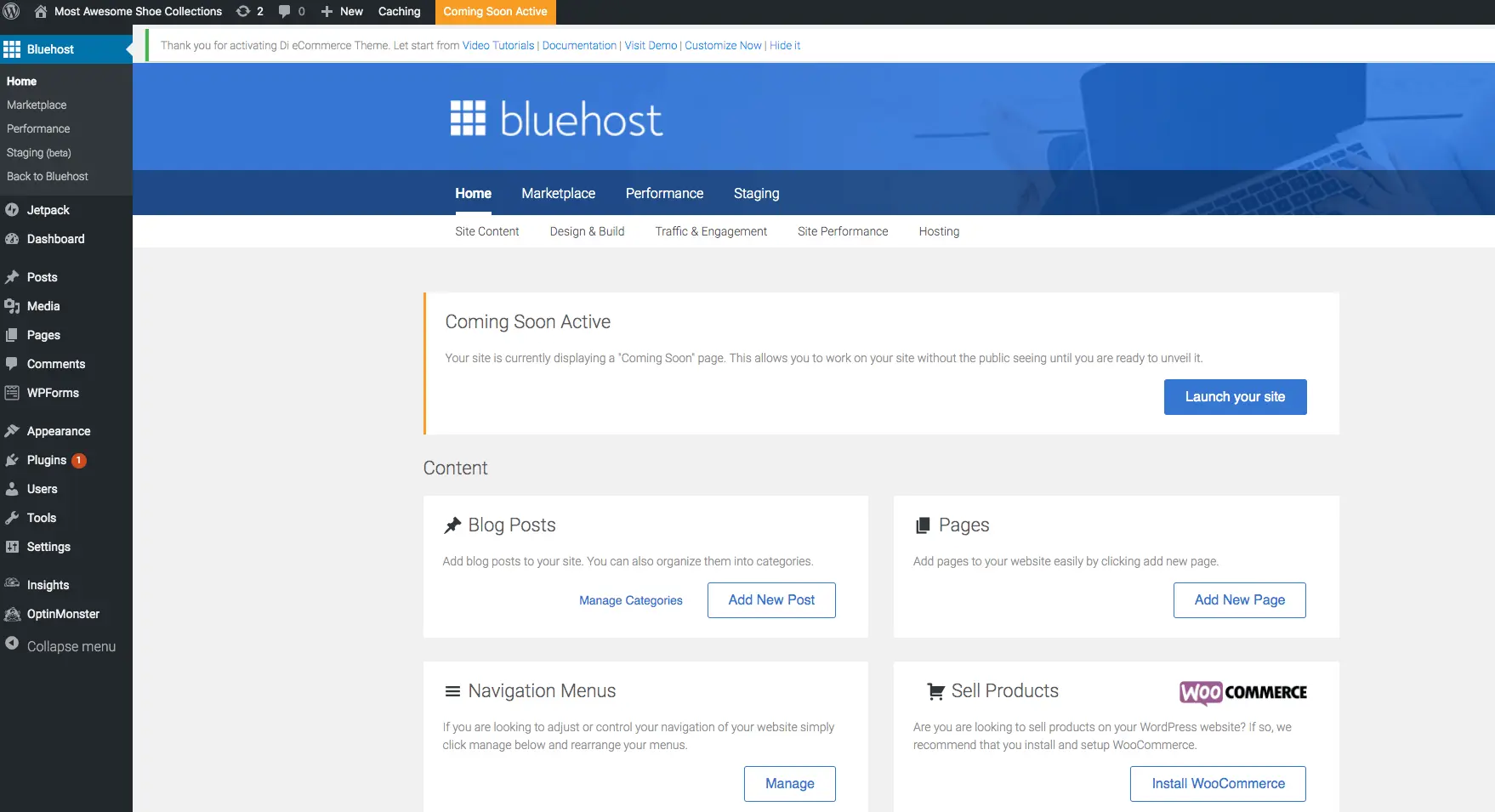 The WordPress dashboard with the left-hand menu showing Posts, Media, Pages, Comments, Appearance, Plugins, Users, Tools and Settings
