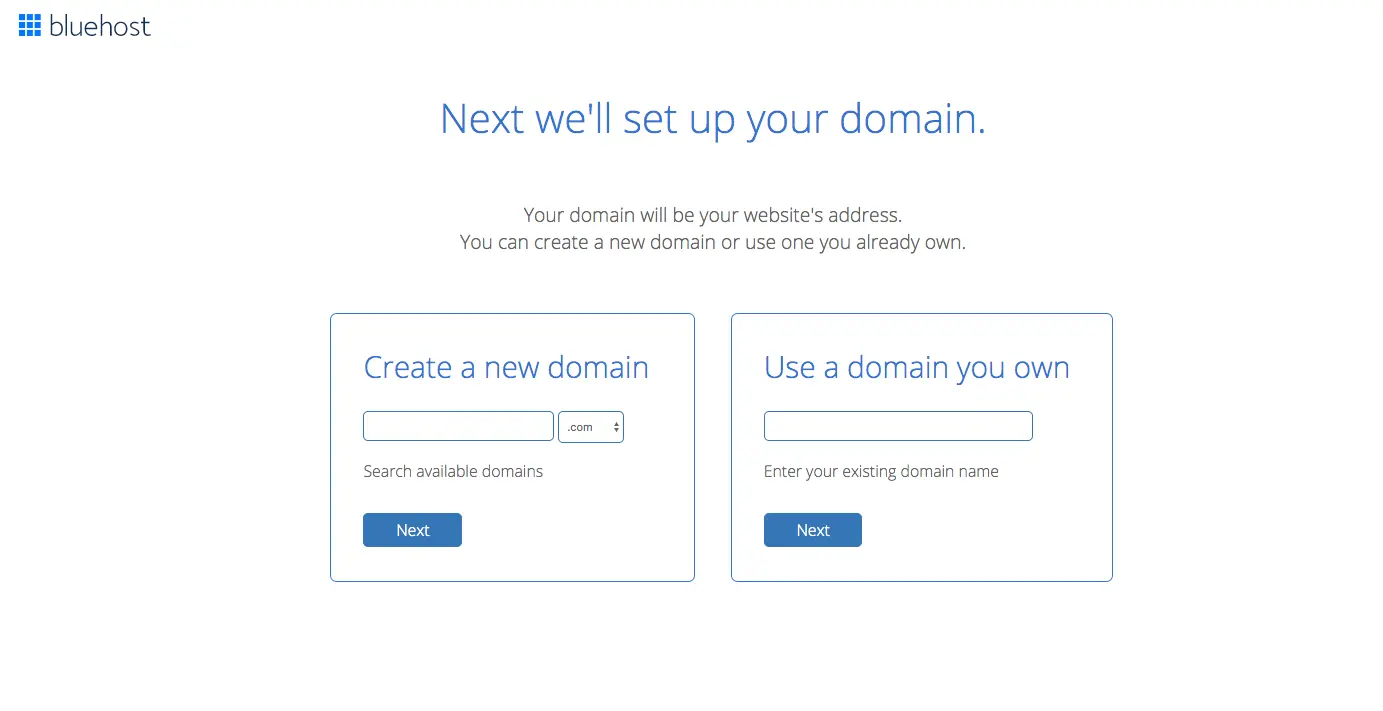 Bluehost domain search box where you type the domain name you want