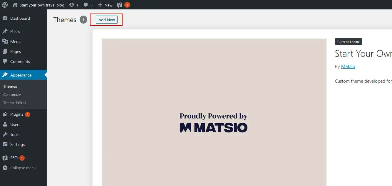 WordPress Appearance menu with Themes selected and the Add New button highlighted