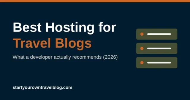 Bold title reading Best Hosting for Travel Blogs with a simple server rack illustration in green, orange and navy