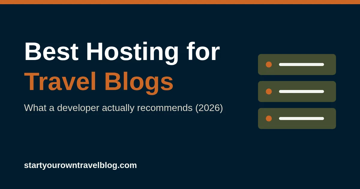 Bold title reading Best Hosting for Travel Blogs with a simple server rack illustration in green, orange and navy