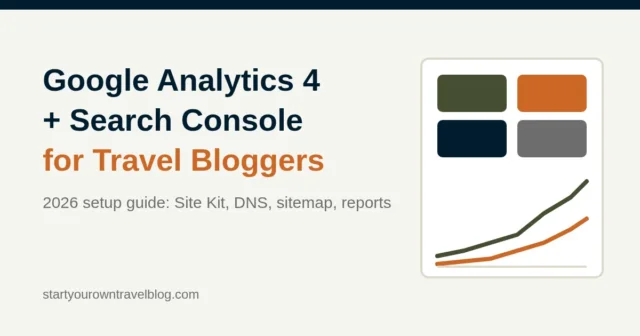 Illustration of an analytics dashboard with a rising line chart and stat boxes, titled Google Analytics 4 and Search Console for Travel Bloggers