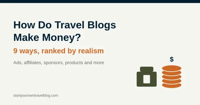How do travel blogs make money: nine income streams as stacked coins next to a laptop and a suitcase