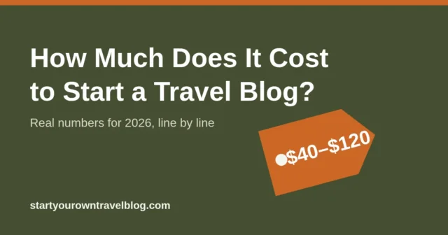 Bold title reading How Much Does It Cost to Start a Travel Blog with a simple price tag illustration in green, orange and navy