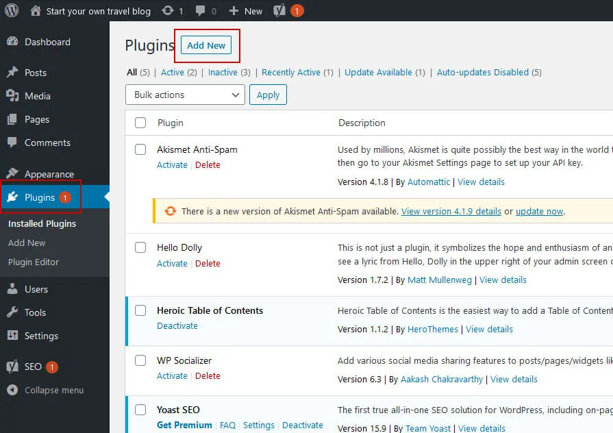 WordPress Plugins menu with Add New highlighted