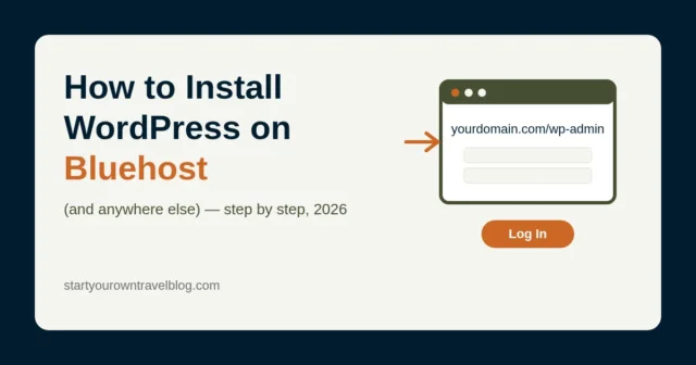 Illustration of three routes to a WordPress install: Bluehost automatic setup, cPanel one-click installer and manual upload, all leading to the wp-admin login screen