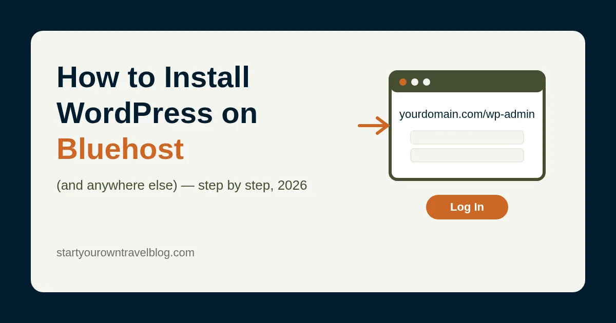Illustration of three routes to a WordPress install: Bluehost automatic setup, cPanel one-click installer and manual upload, all leading to the wp-admin login screen