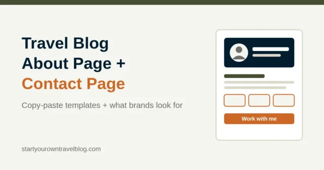 Illustration of a travel blog About page layout with a profile photo and sections, titled Travel Blog About Page and Contact Page Templates