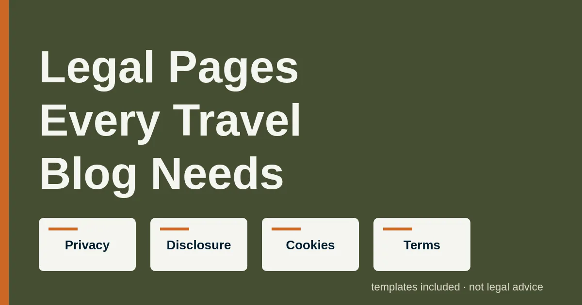Illustration of four document icons labeled privacy, disclosure, cookies and terms with the title Legal Pages Every Travel Blog Needs