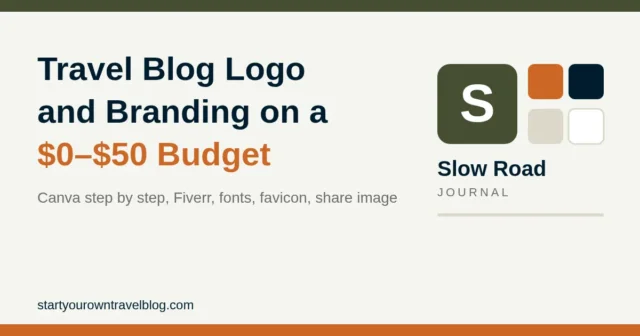 Illustration of a simple travel blog logo wordmark and square mark with a two-color palette, titled Travel Blog Logo and Branding on a $0–$50 Budget