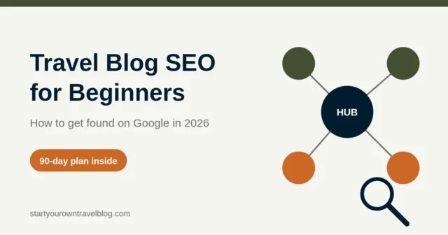 Travel blog SEO for beginners: hub page connected to itinerary, where to stay and things to do posts, with a magnifying glass