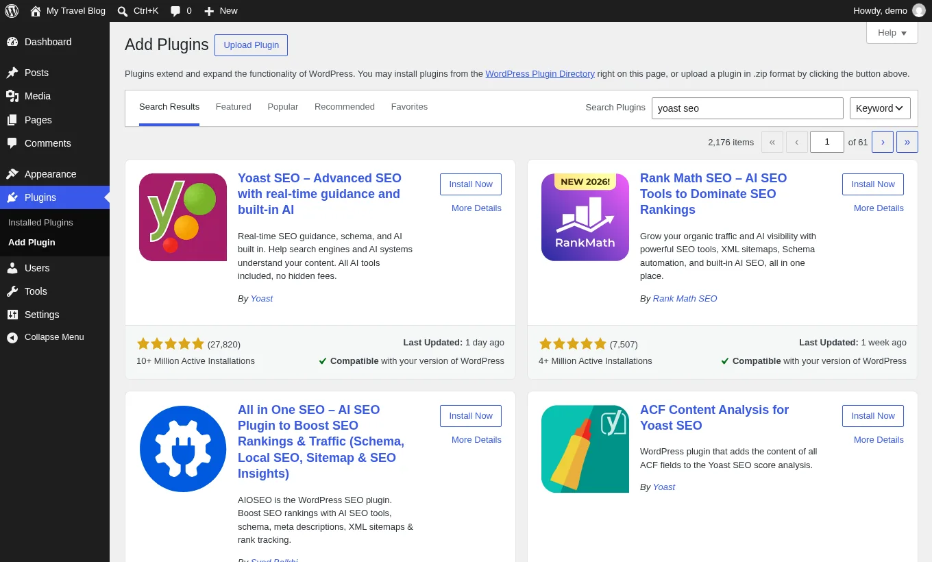 WordPress Add Plugins screen with search results for Yoast SEO