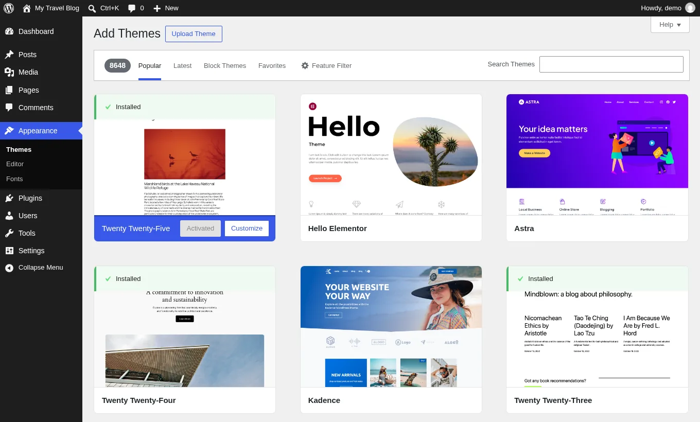 WordPress Add Themes screen showing popular free themes including Astra and Kadence
