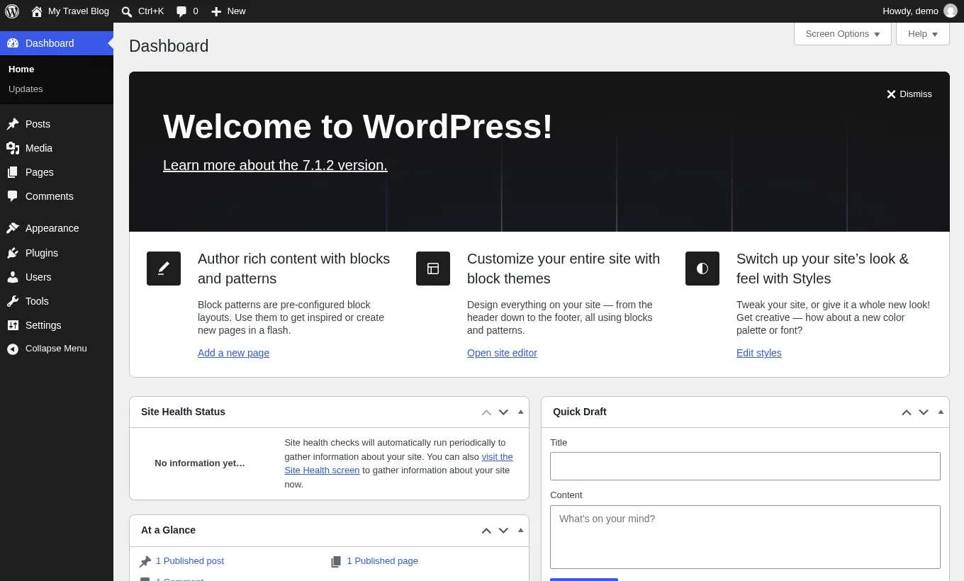 The WordPress dashboard right after a fresh install, with Posts, Pages, Appearance, Plugins and Settings in the left menu