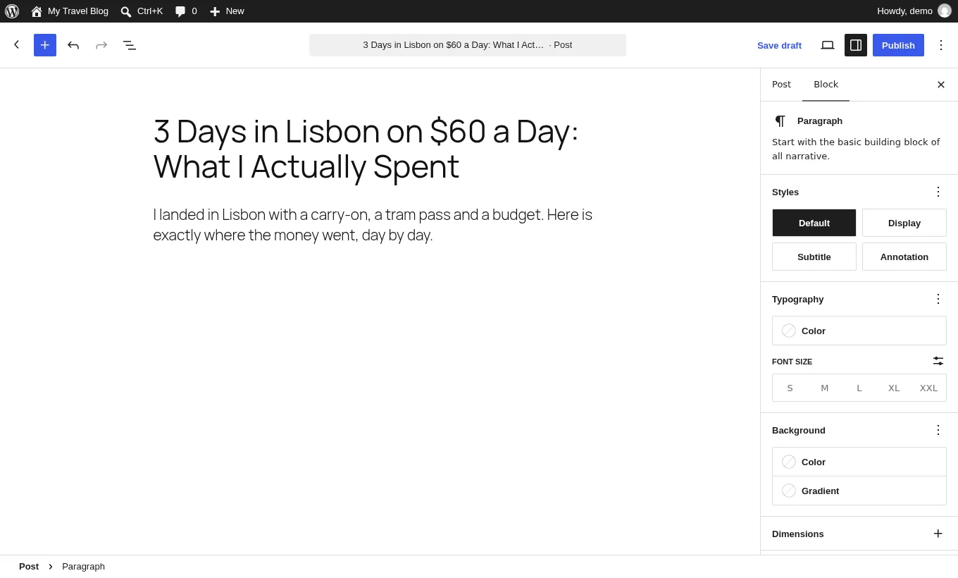 The WordPress block editor with a new travel post title and first paragraph typed in