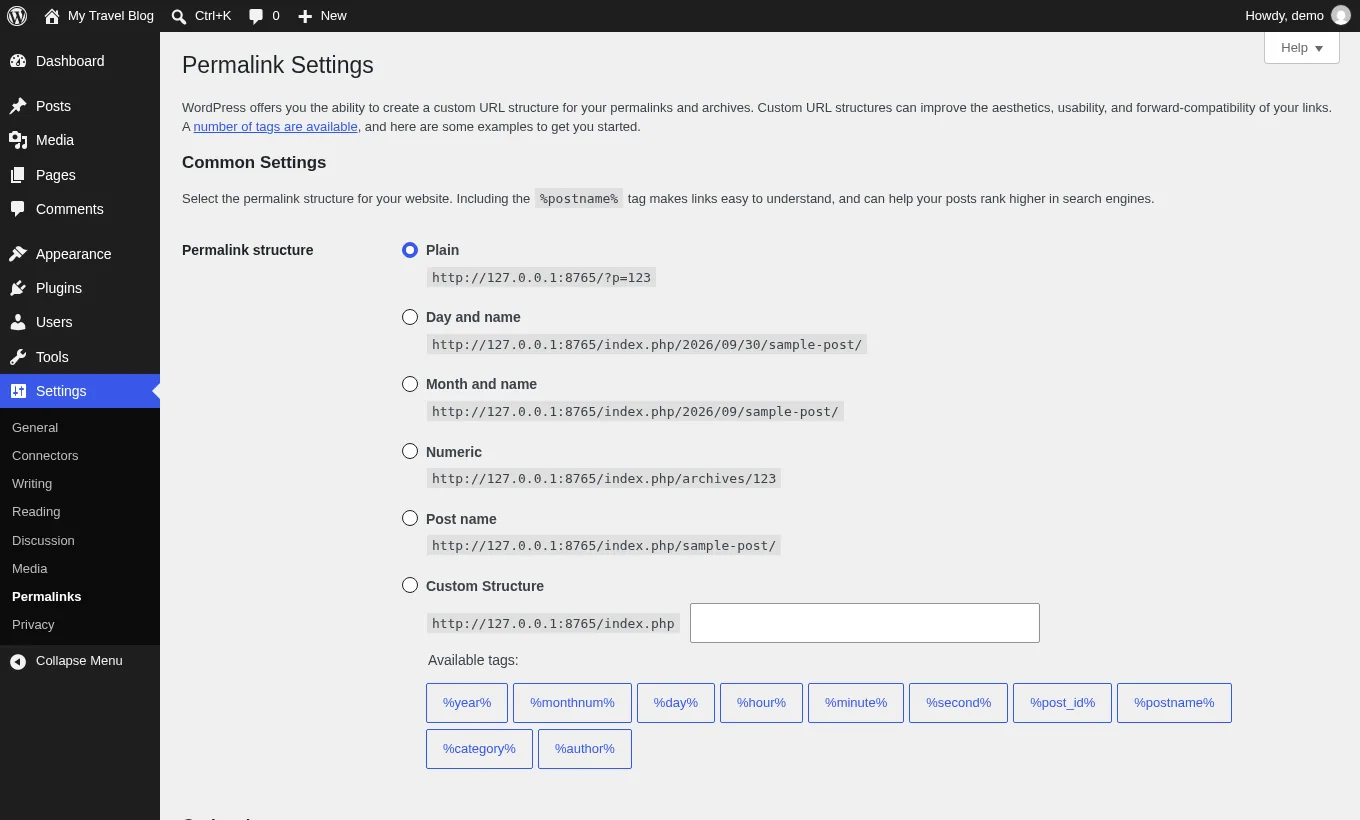 WordPress Settings, Permalinks screen with the Post name option