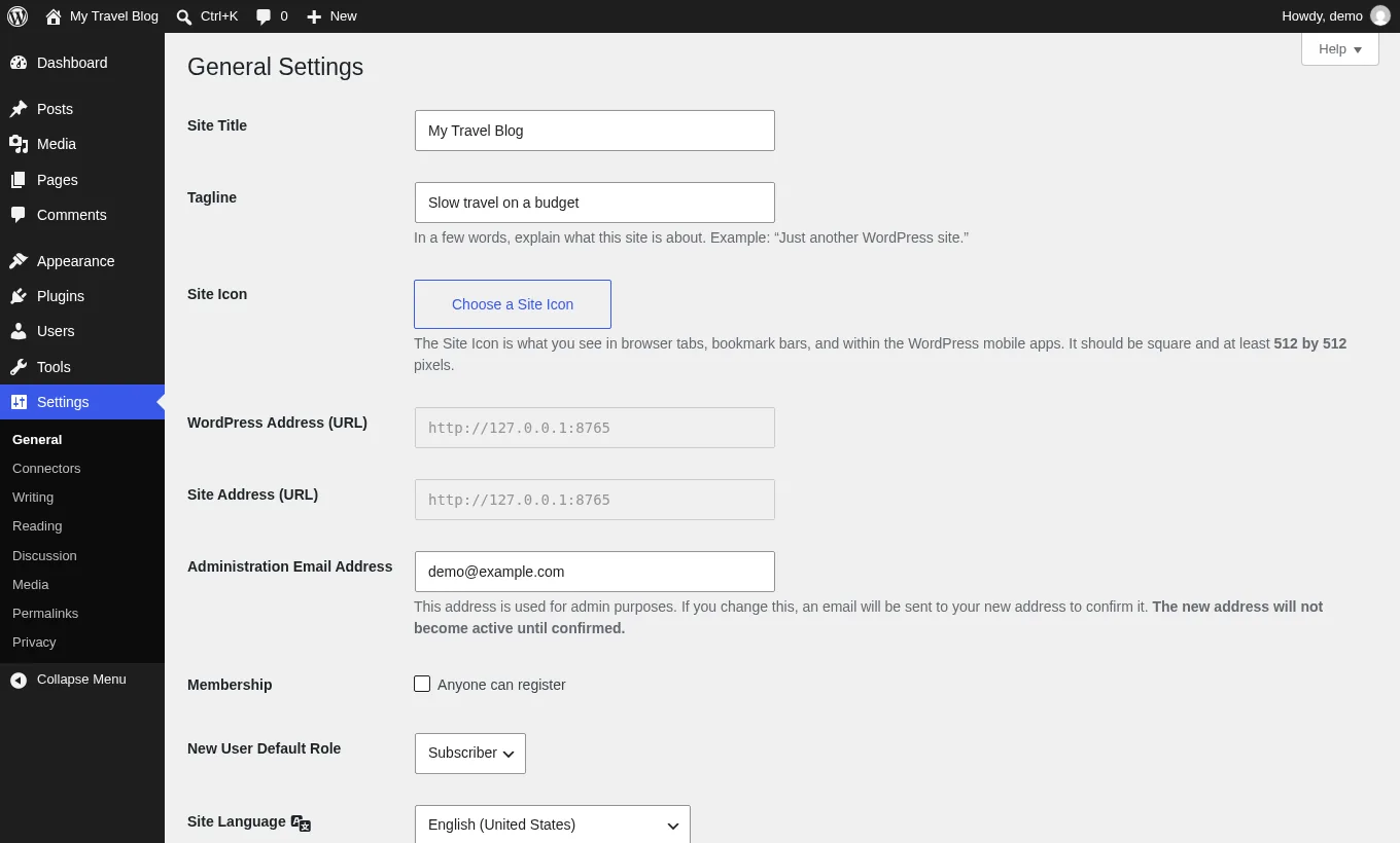 WordPress Settings, General screen with site title, tagline and timezone