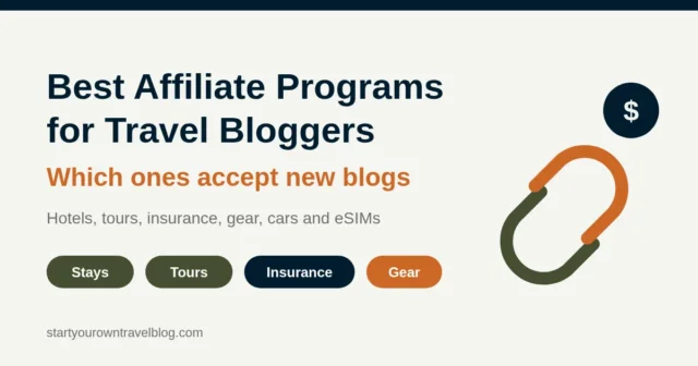 Best affiliate programs for travel bloggers: a chain link icon and a dollar coin beside category labels for stays, tours, insurance and gear
